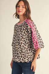 Leopard Print Scallop Edge Pink Accent Top