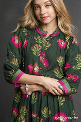 Forest Green Floral Print Tiered Midi Dress W/ Buttons