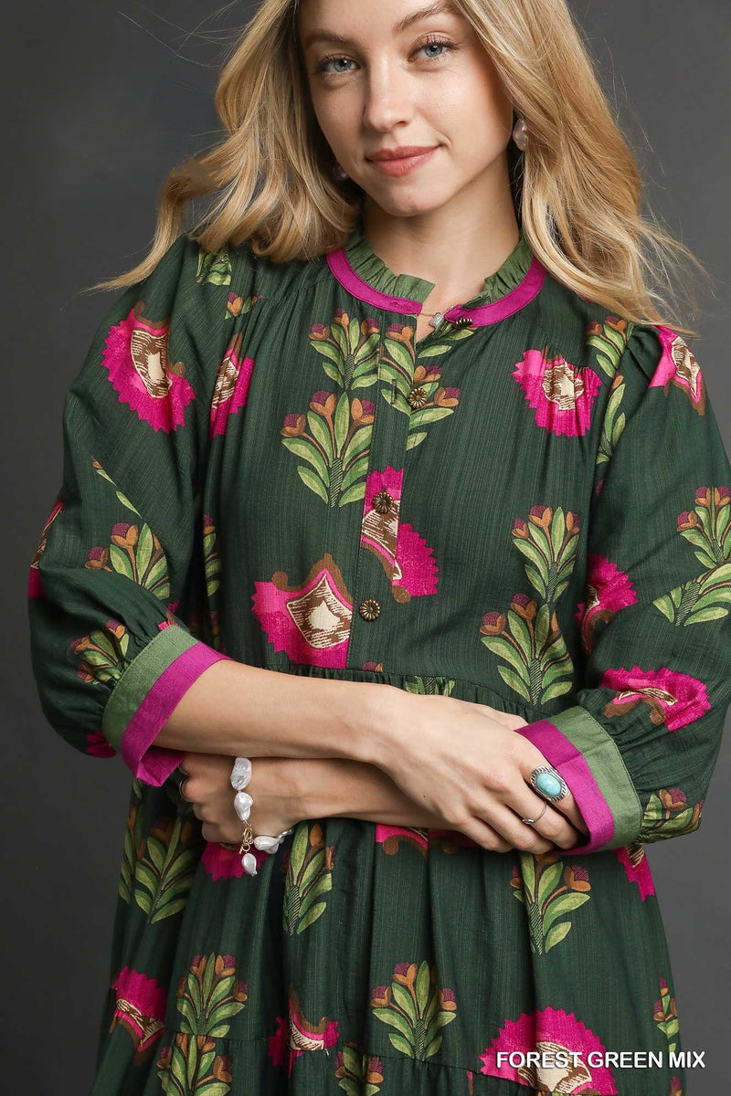 Forest Green Floral Print Tiered Midi Dress W/ Buttons
