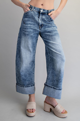 Denim Wide Leg Barrel Cuffed Jeans