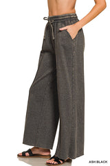 Acid Wash Fleece Pintuck Wide Leg Pants
