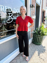 Brick Scalloped Edge Peplum Short Sleeve Sweater
