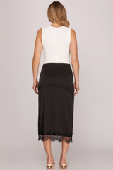 Black Satin Straight Lace Hem Midi Skirt