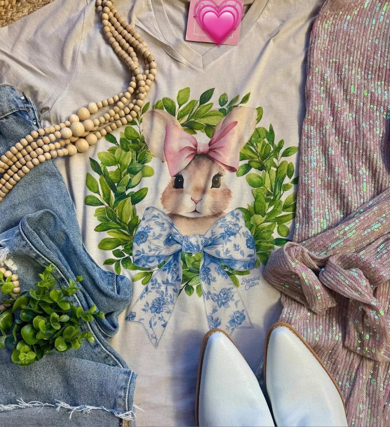 Beige V-Neck Bunny Bow Tee