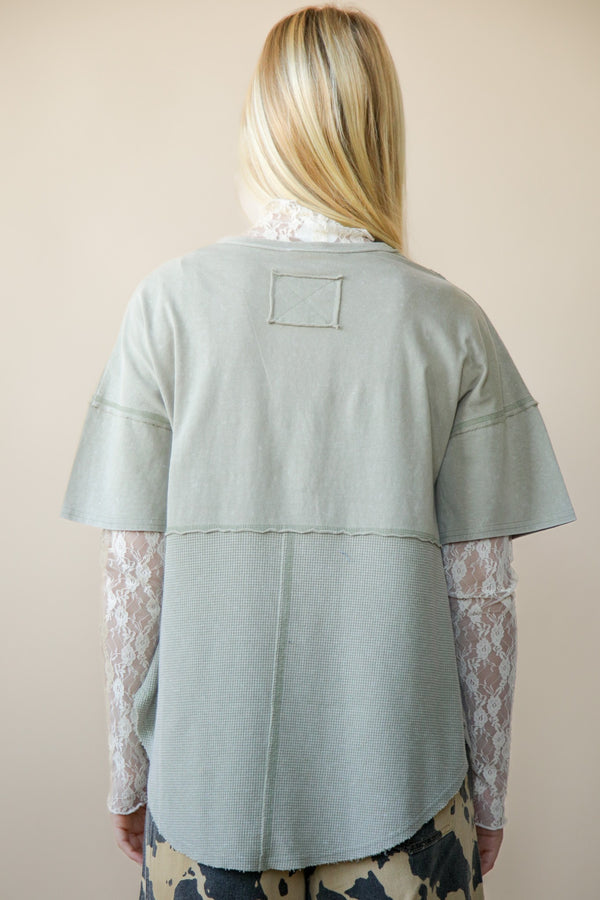 Olive Mineral Wash Top With Front Lace Trim