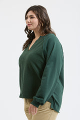 Curvy Hunter Green Exposed Seam Long Sleeve Knit Top