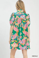 Emerald Paisley Print Banded Sleeve Dress