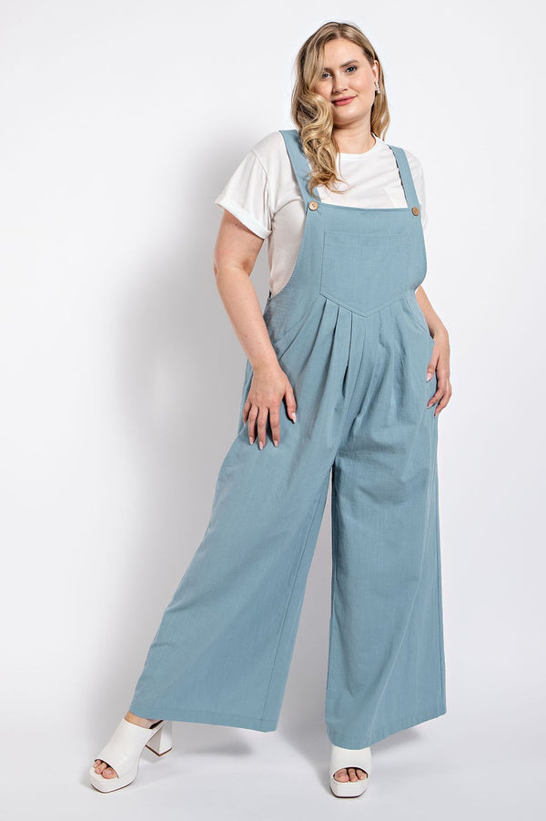 Curvy Light Blue Pintuck Overalls with Pockets