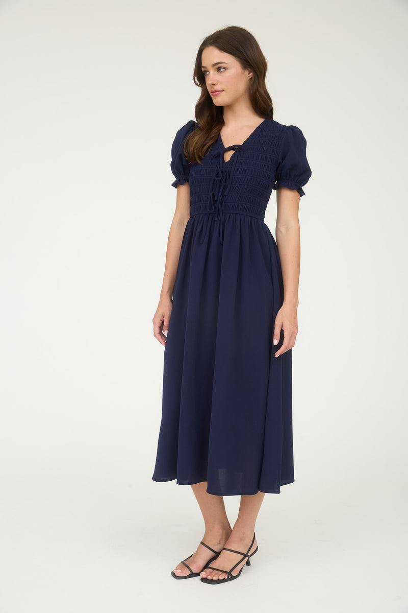 Blue V Neck Front Ties Smocked Puff Sleeve Dress