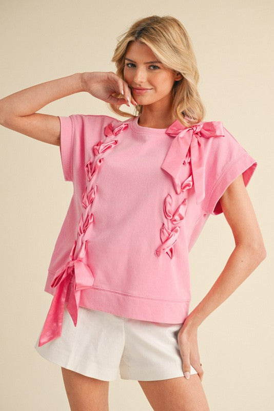 Pink Lace Up Bow Drop Sleeve Top
