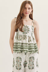 Olive Tie Shoulder Paisley Printed Top