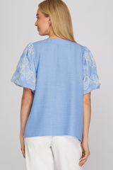 Blue Neck Detail Embroidered Puff Sleeve Top