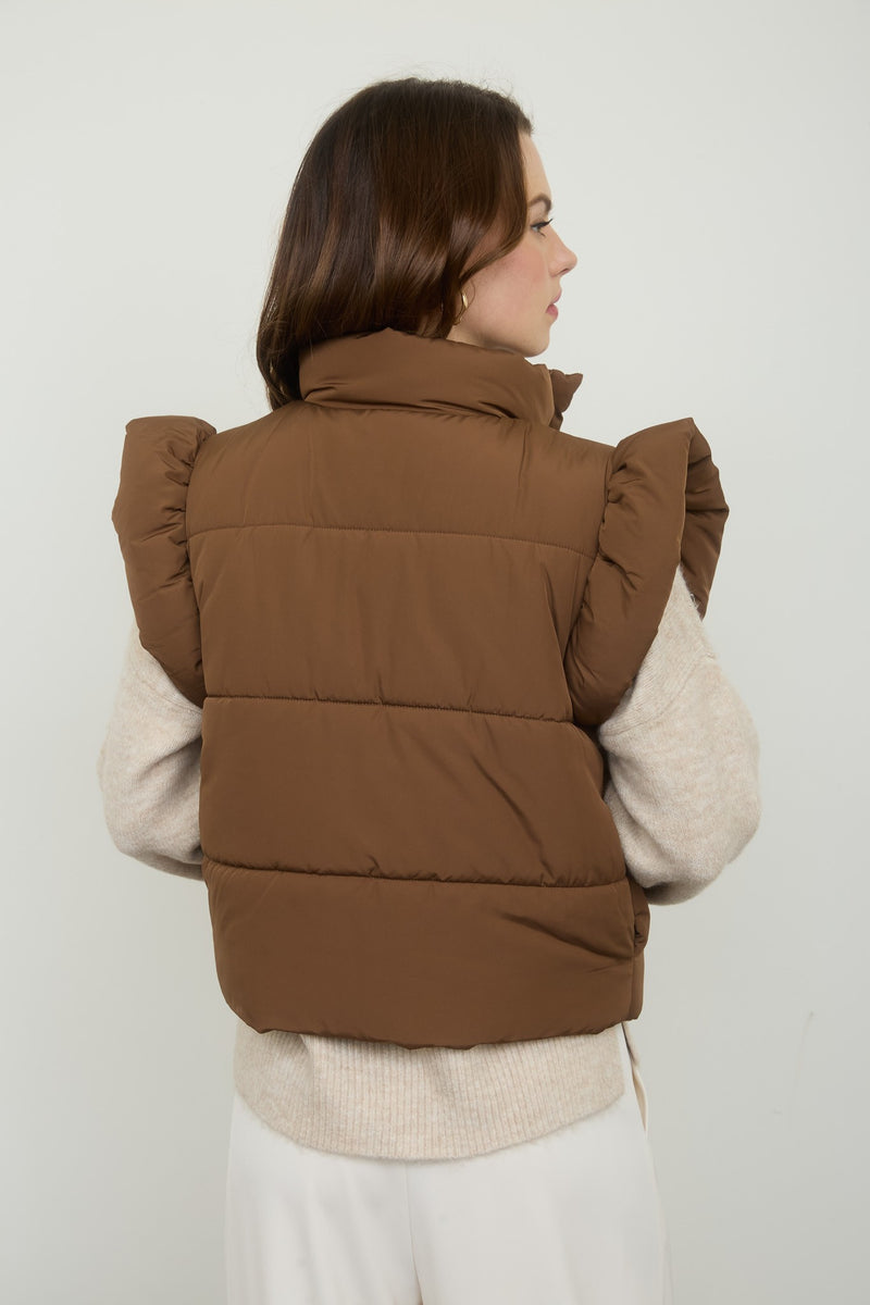 Flutter Sleeve Bow Zip-Up Puffer Vest