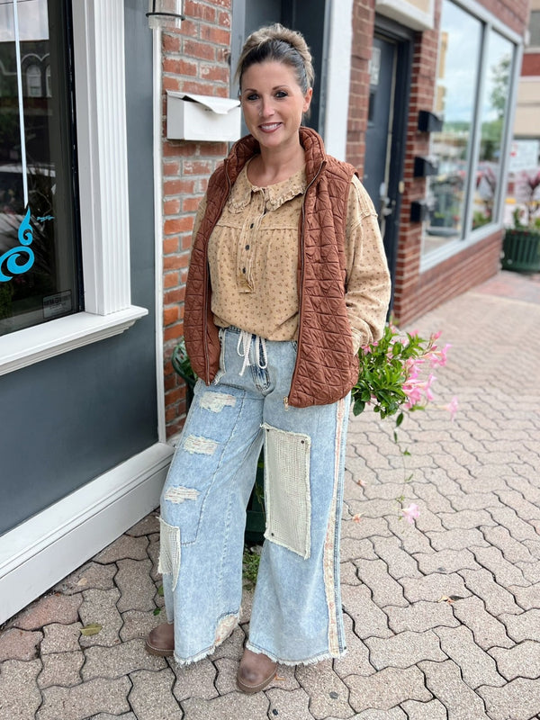 Chambray Floral Patchwork Pants With Lace & Stud Details
