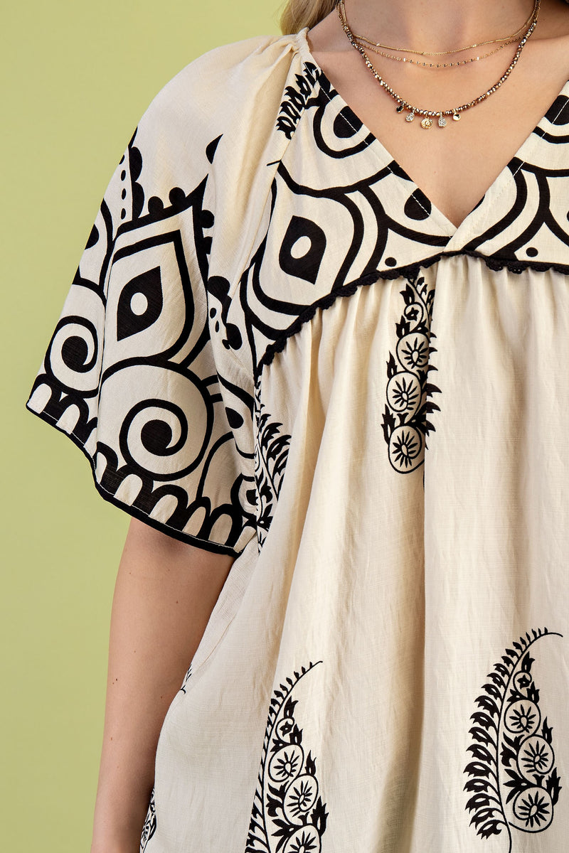 Cream V-Neck Top with Decorative Trim