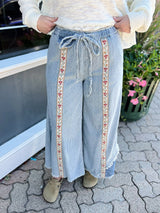 Wide Leg Striped Denim Mix With Floral Trim Pants