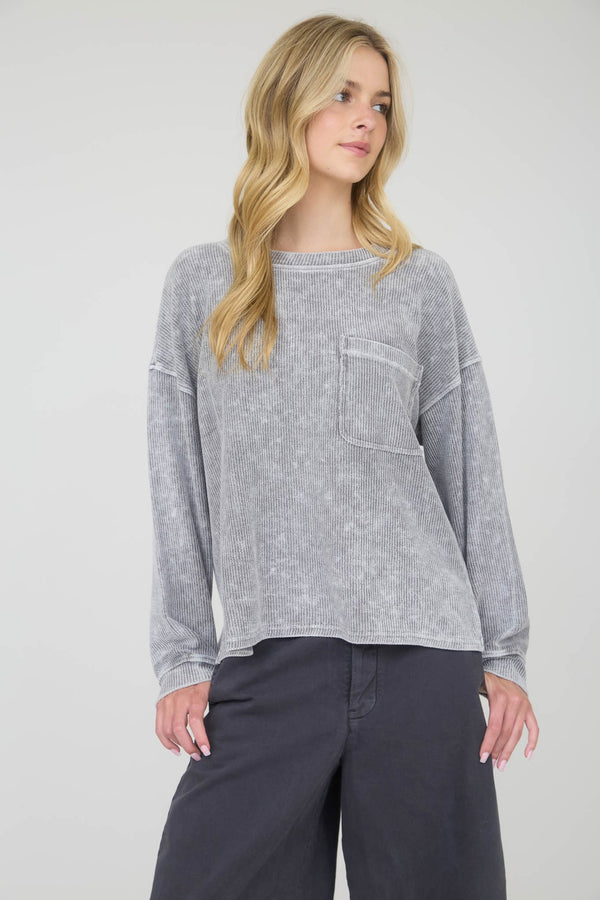 Textured Long Sleeve Top with Pocket