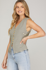 Navy Striped Vest With Gold Buttons