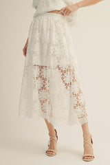 White Elastic Waist Scalloped Lace Skirt
