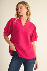 Rib Contrast V- Neck Top