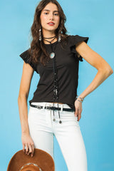 Black Soft Ruffle Sleeve Tee