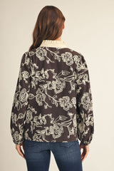 Brown Ruffled Neck Floral Embroidered Top