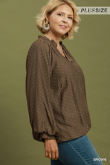 Curvy Brown Polka Dot V- Neck Bubble Hem Top