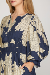 Navy Floral Tiered Midi Dress