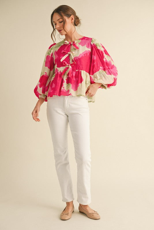 Hot Pink Abstract Floral Top with Bows