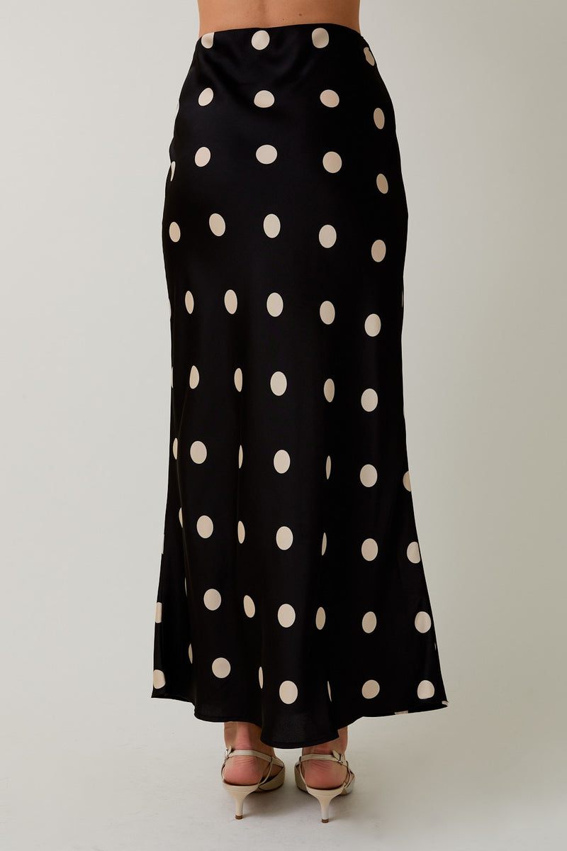 Black Satin Maxi Skirt with Elastic Waist in Polka Dot