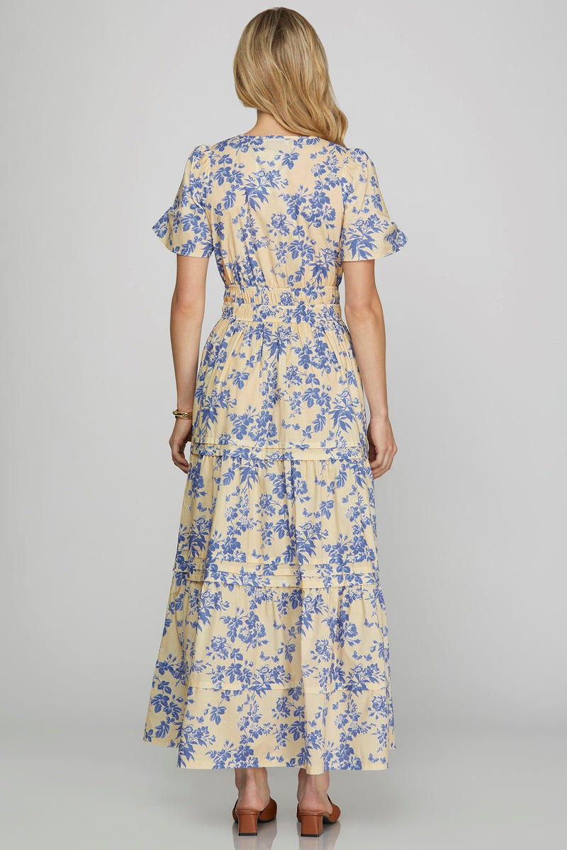Cream and Blue Floral Printed Maxi Dress with Half Sleeves
