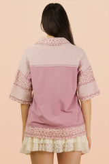 Curvy Floral Half Button Down Collared Top
