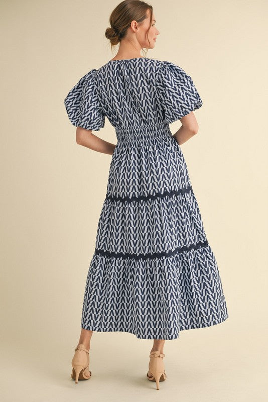Navy Geometric Print Tiered Midi Dress
