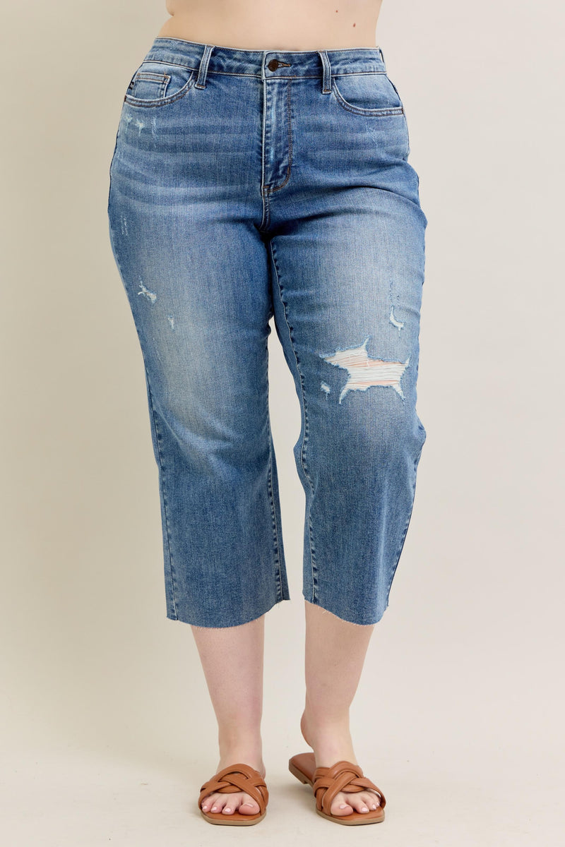 Curvy Harmony Distressed Wide Leg Denim
