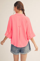 Neon Pink Pleat Back Detail Button Front Top