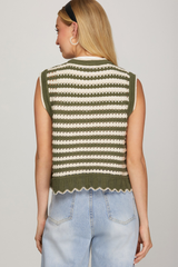 Olive Sleeveless Front Button Closure Striped Knit Vest