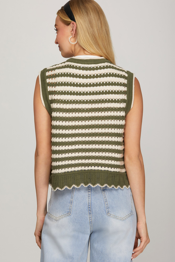 Olive Sleeveless Front Button Closure Striped Knit Vest