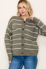 High Neck Double Pocket Texture Stripe Cardigan