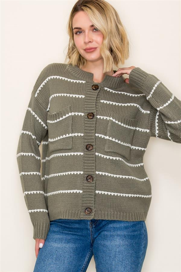High Neck Double Pocket Texture Stripe Cardigan