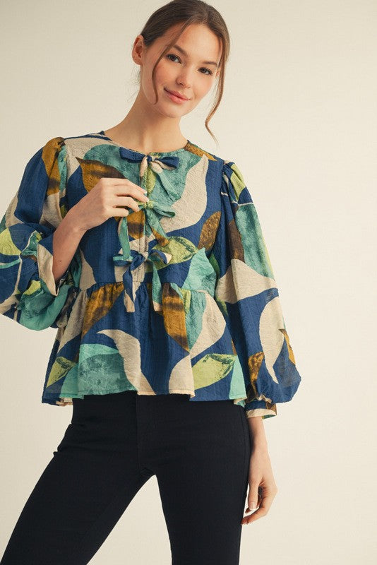 Front Bow Tie Abstract Peplum Top