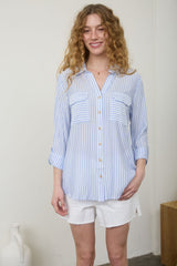 Blue and White Stripe Collared Button Down Top