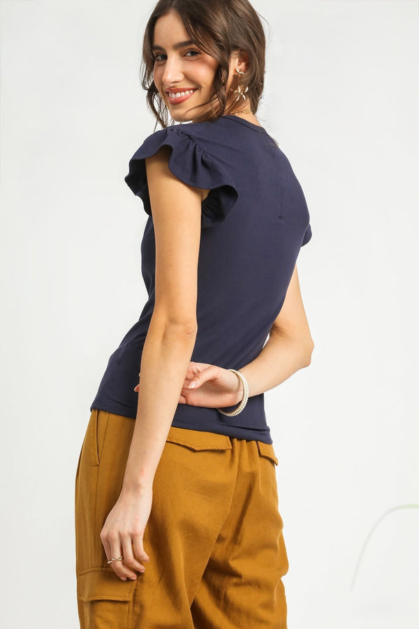 Navy Soft Ruffle Sleeve Tee