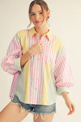 Pink Stripe Mix Button Front Top