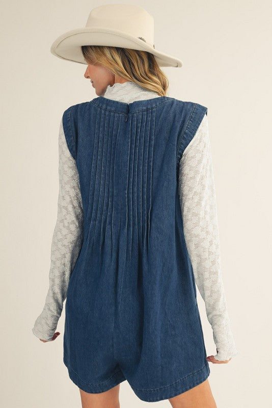 Denim Pleated Wide Leg Tied Romper