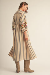 Oatmeal Floral Striped Embroidered Midi Dress