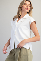 White Short Sleeve Button Front Top