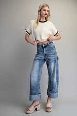 Denim Wide Leg Barrel Cuffed Jeans