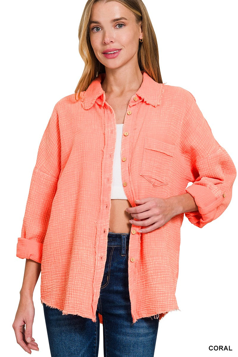 Washed Button Down Shirt with Front Pocket