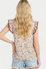 Pink and Burgundy Floral Ruffle Sleeve Top