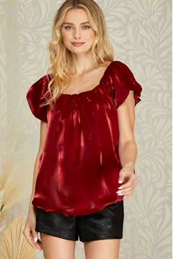 Red Satin Puff Sleeve Top